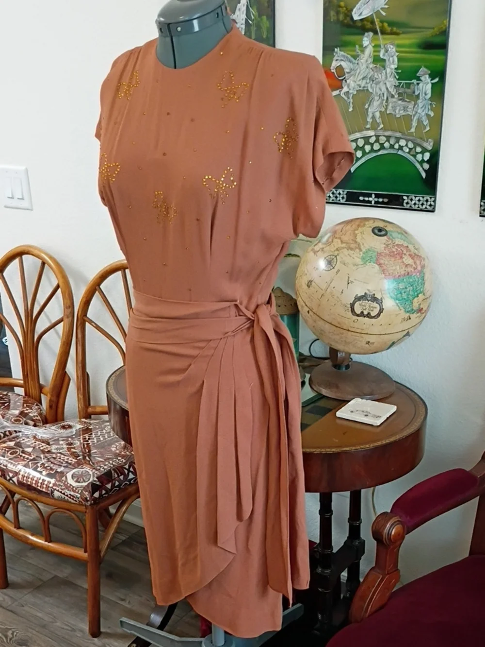 Vintage 1940s Orange Cocktail Dress Size Extra Small - Picture 2 of 8